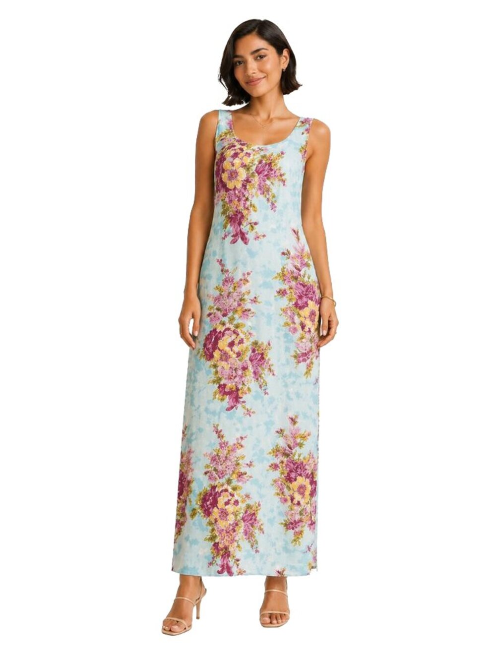 Watercolor Floral Maxi Dress M Blue Pink Resort Coastal Chic Boho